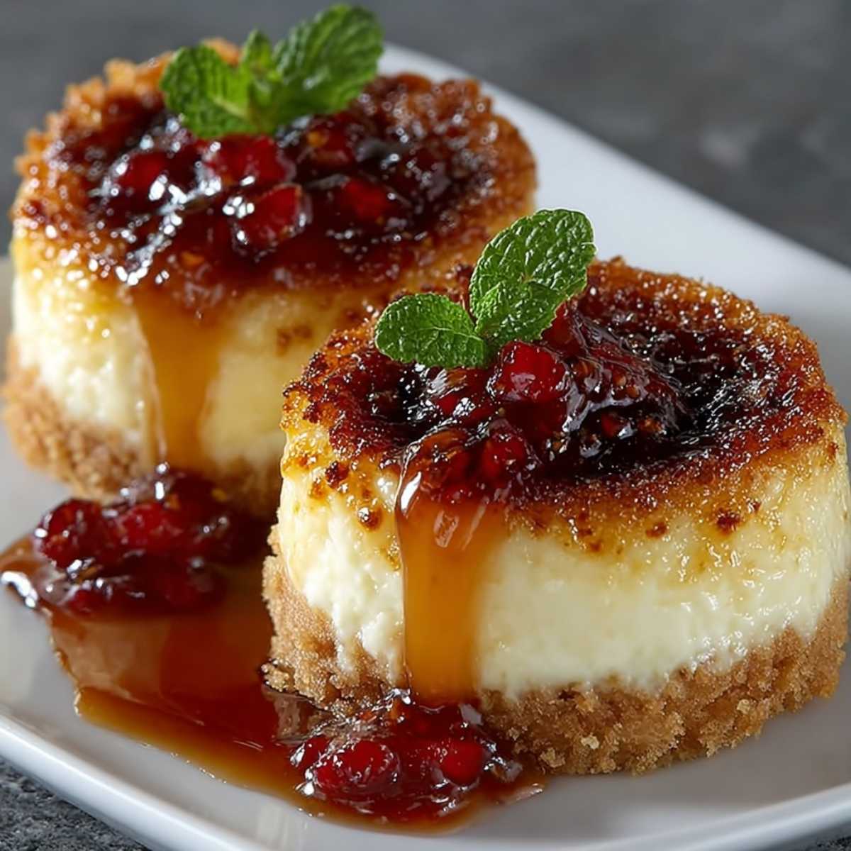 Mini Crème Brûlée Cheesecakes on a white plate, showcasing their torched sugar tops, fresh mint, and graham cracker crusts