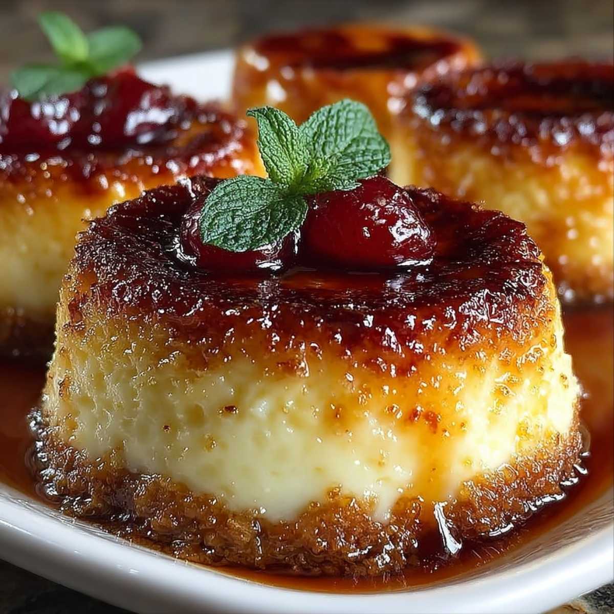 Close-up of Mini Crème Brûlée Cheesecakes showing glossy torched sugar and creamy texture, garnished with mint and berries on a white plate