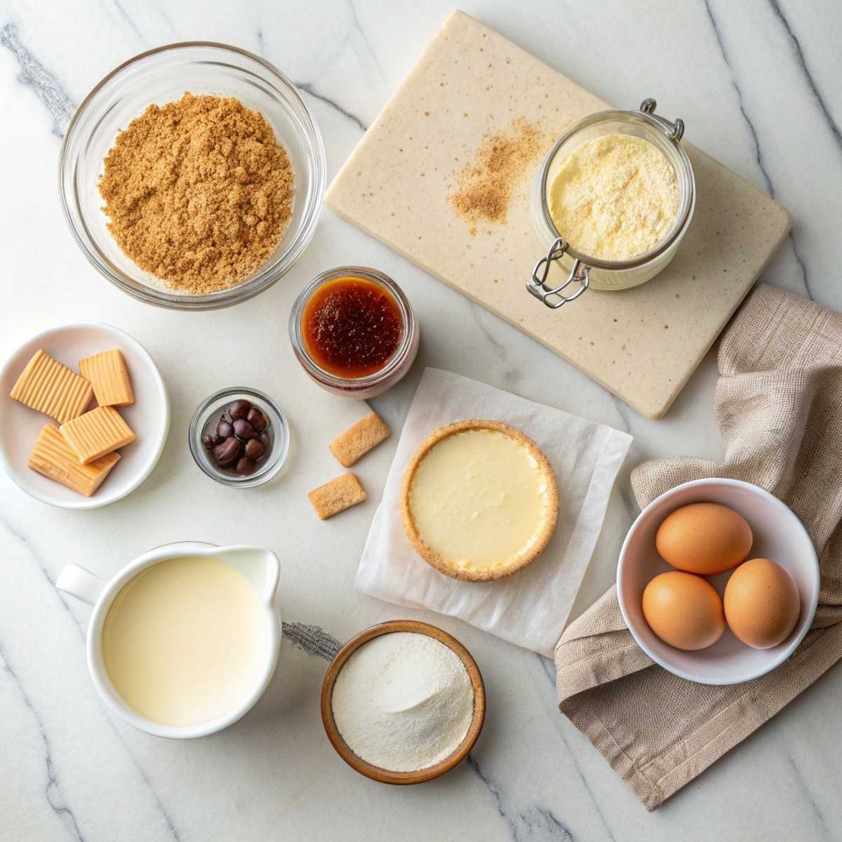 Fresh ingredients for Mini Crème Brûlée Cheesecakes including cream cheese, graham cracker crumbs, and vanilla bean paste arranged on a modern marble surface.