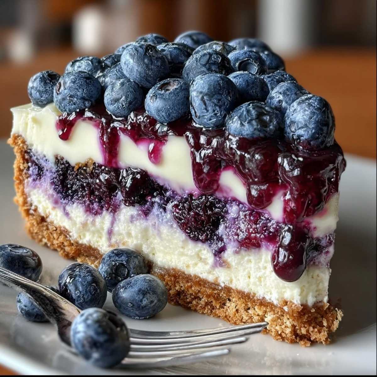 Nova Scotia Blueberry Cream Cake slice on a white plate, showcasing its creamy layers, juicy blueberry topping, and golden crust.