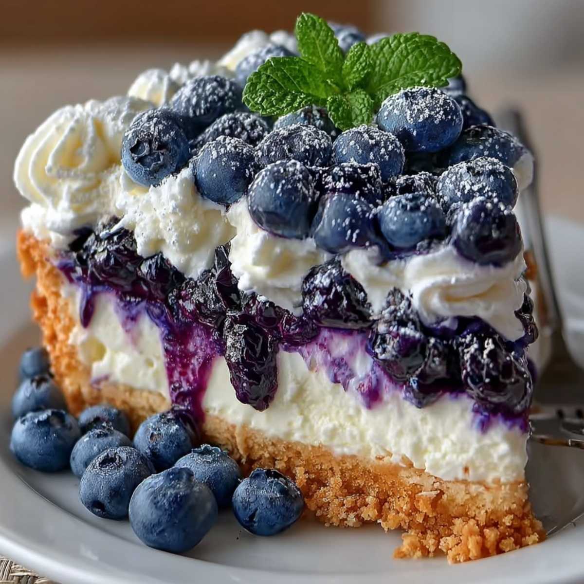 A slice of Nova Scotia Blueberry Cream Cake with a golden crust, creamy filling, and fresh blueberries topped with whipped cream.