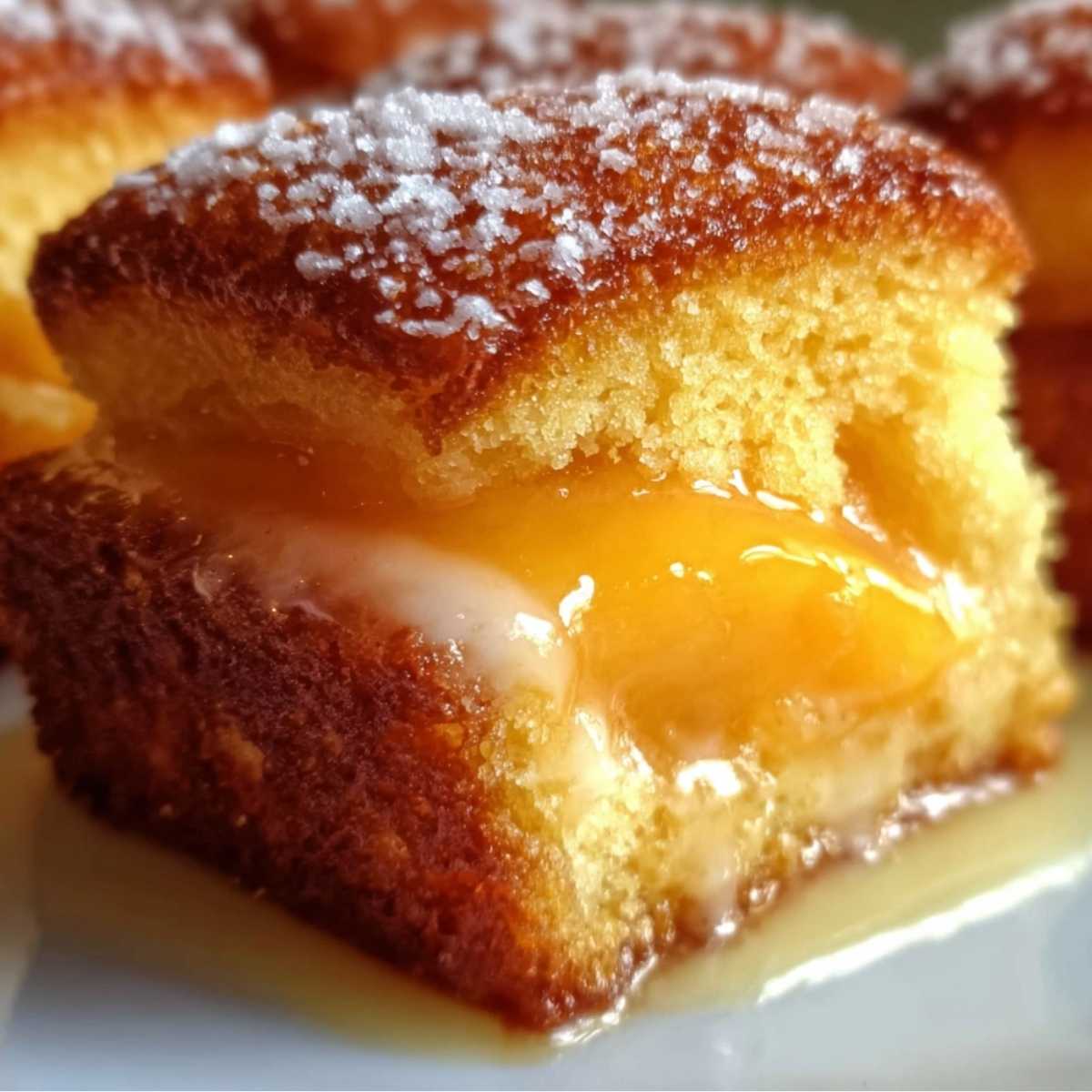 Close-up of a Peach Cobbler Pound Cake Twinkie showing its golden exterior, creamy filling, peach center, and sweet vanilla glaze.