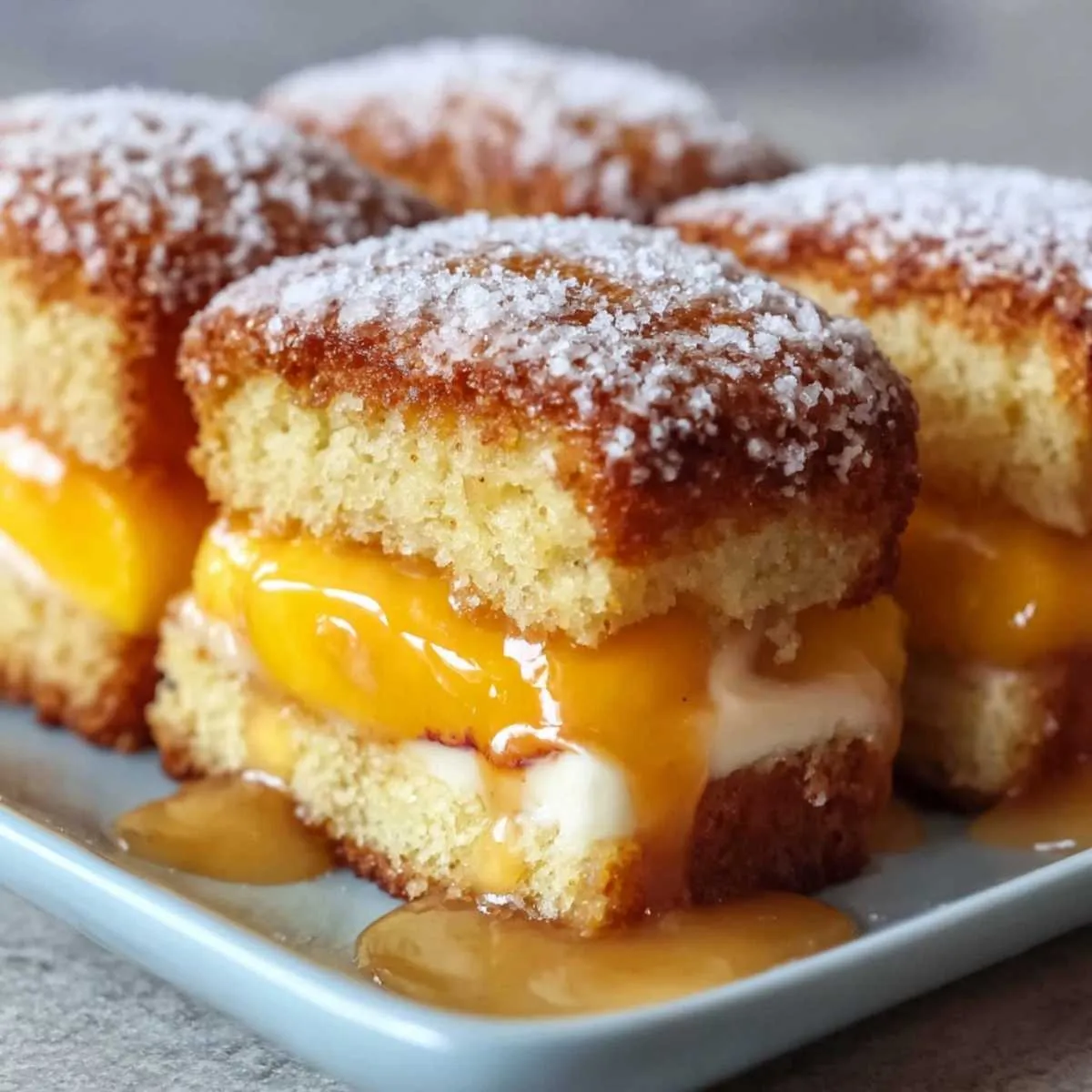 Peach Cobbler Pound Cake Twinkies on a blue plate, showcasing the golden pound cake, creamy filling, and peach center.