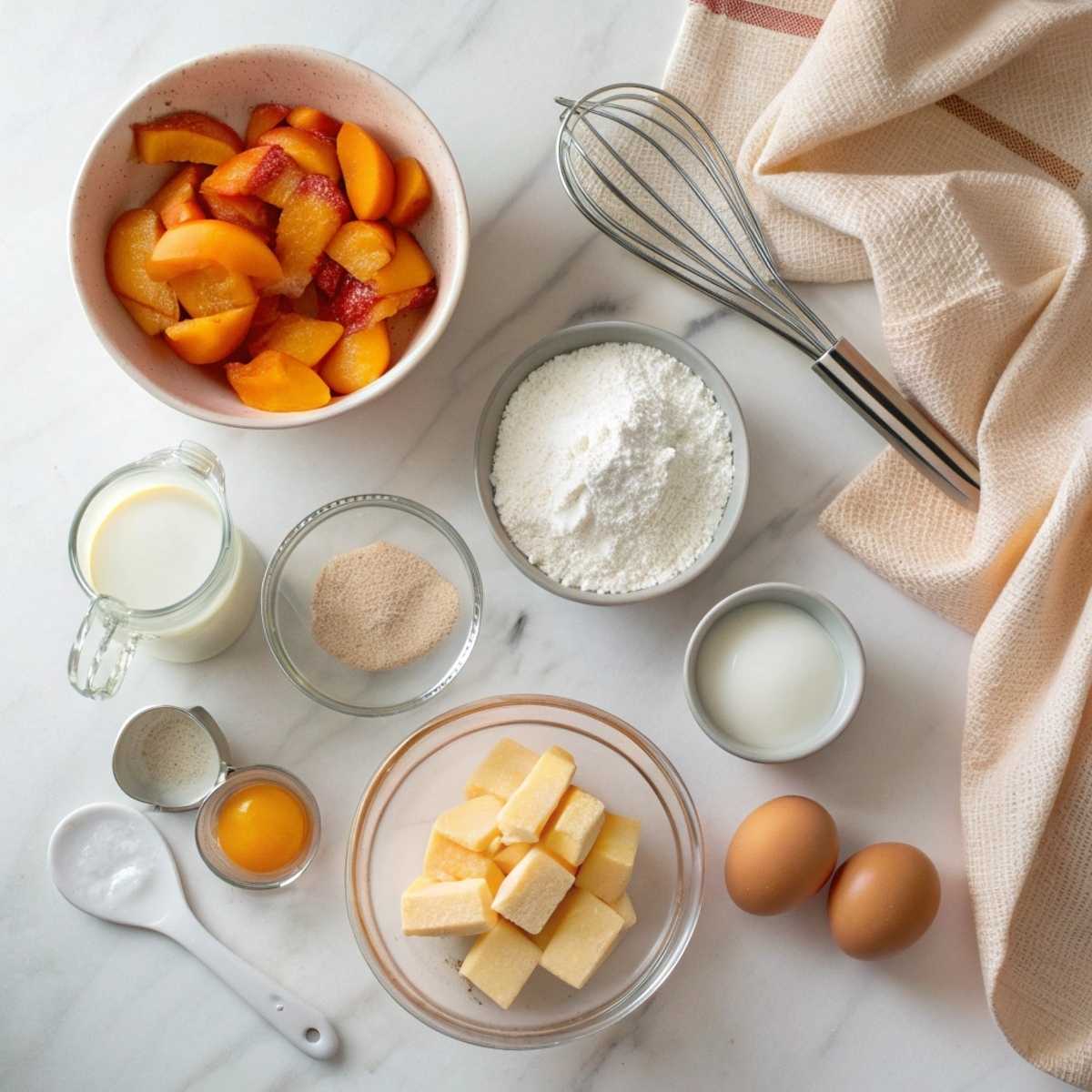 Ingredients for Peach Cobbler Pound Cake Twinkies including diced peaches, butter, and flour arranged on a modern marble surface.