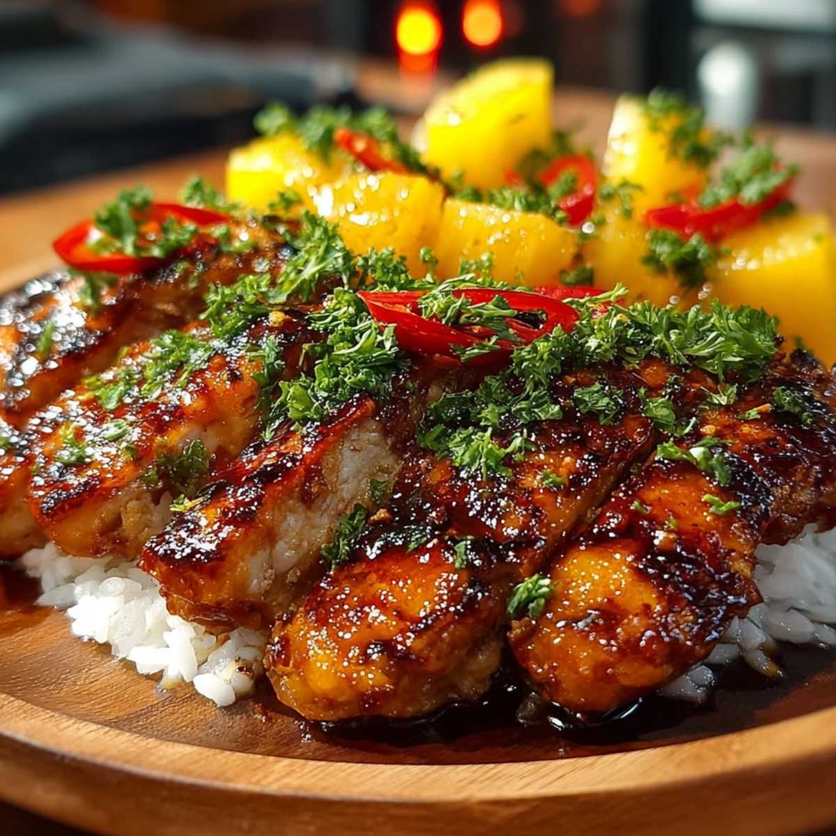 Close-up of Pineapple Chicken and Rice showing tender glazed chicken and vibrant pineapple chunks over white rice, garnished with fresh herbs and chili