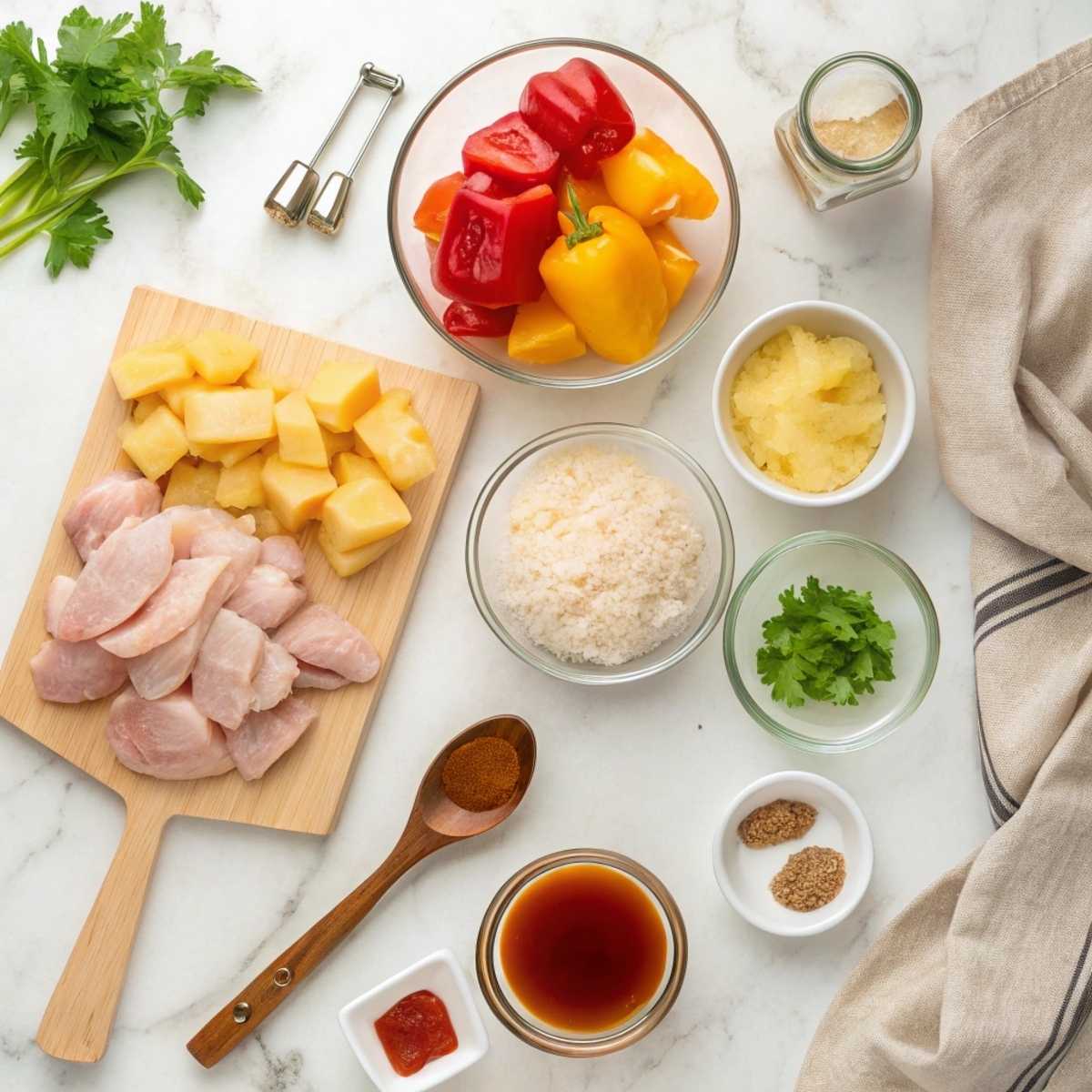 Fresh ingredients for Pineapple Chicken and Rice including chicken pieces, bell peppers, pineapple, and sauces arranged on a modern marble surface
