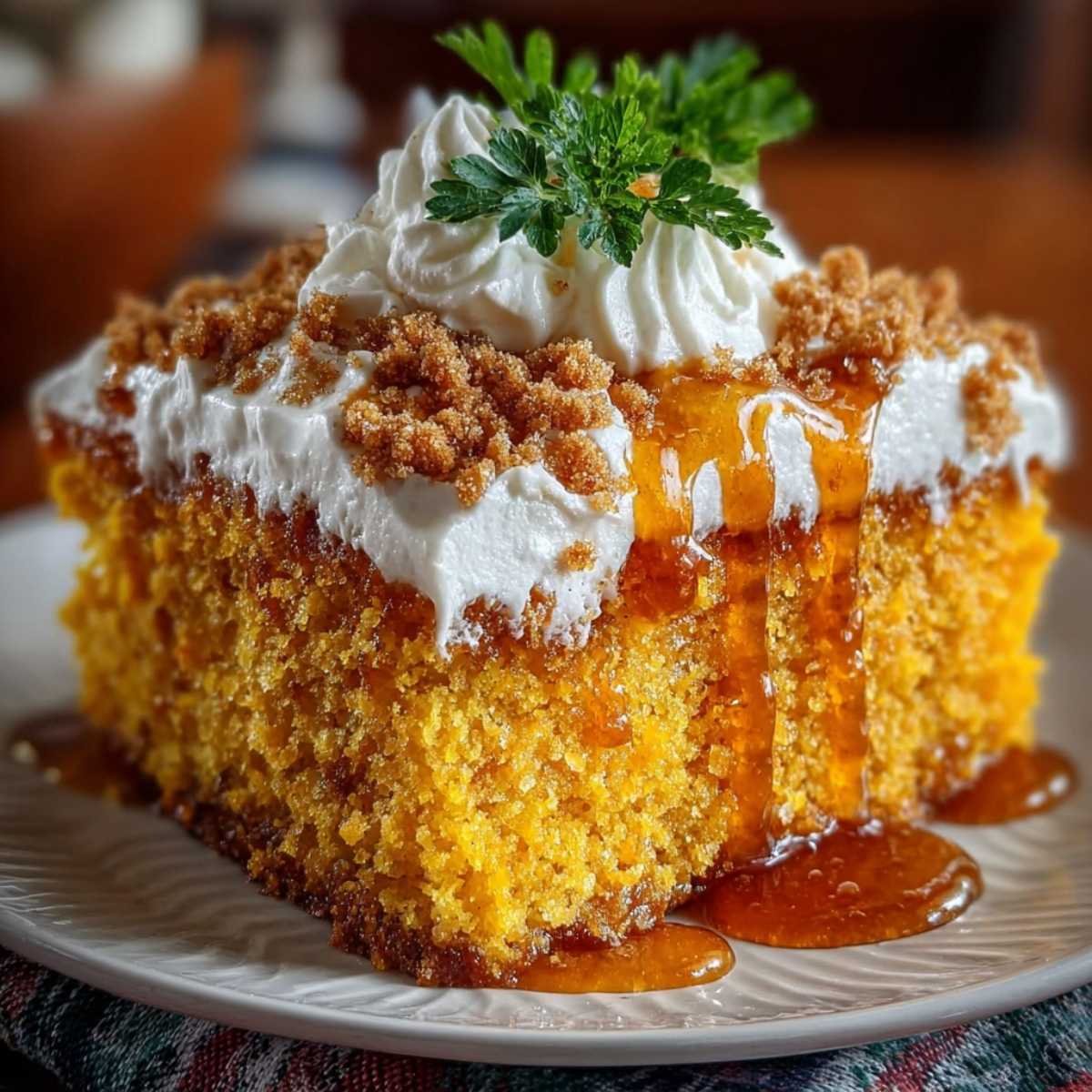 Pumpkin Better Than Sex Cake slice on a white plate, showcasing its moist texture, caramel drizzle, and fluffy whipped topping
