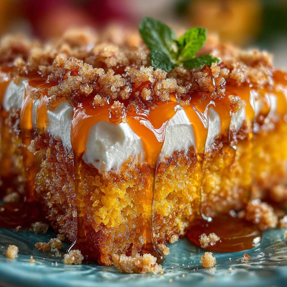 Close-up of Pumpkin Better Than Sex Cake showing a moist, golden-orange crumb and creamy topping, garnished with mint on a blue plate