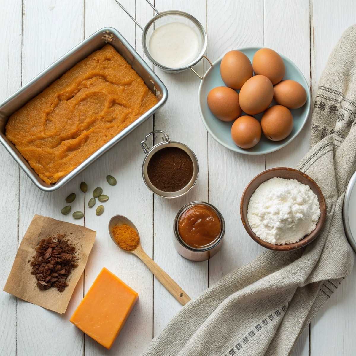 Ingredients for Pumpkin Better Than Sex Cake including pumpkin puree, spice cake mix, caramel sauce, and cream cheese arranged on a white wood surface