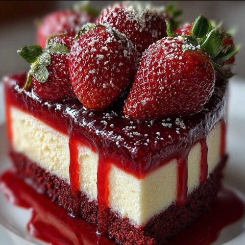 Close-up of Red Velvet Strawberry Cheesecake showing its creamy texture and vibrant red cake, garnished with fresh strawberries and powdered sugar on a white plate.