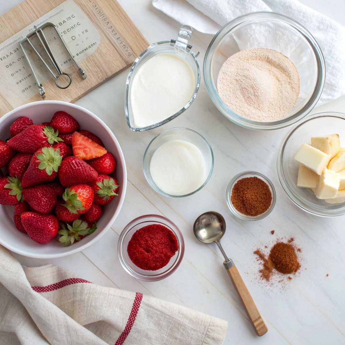 Fresh ingredients for Red Velvet Strawberry Cheesecake including cream cheese, strawberries, flour, and red food coloring arranged on a modern marble surface.
