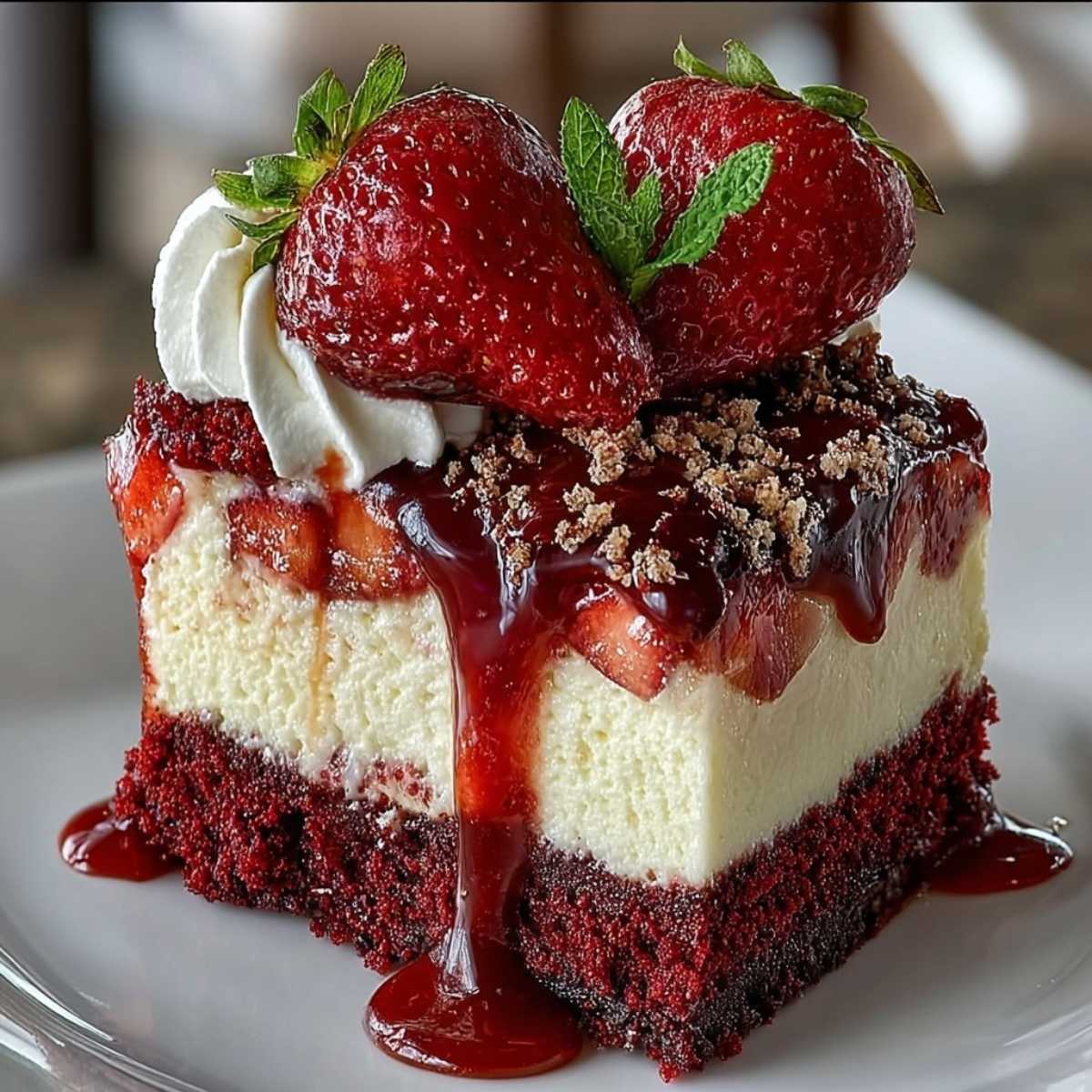 Red Velvet Strawberry Cheesecake slice on a white plate, showcasing its vibrant red cake, creamy cheesecake, and fresh strawberry topping with a drizzle of sauce.