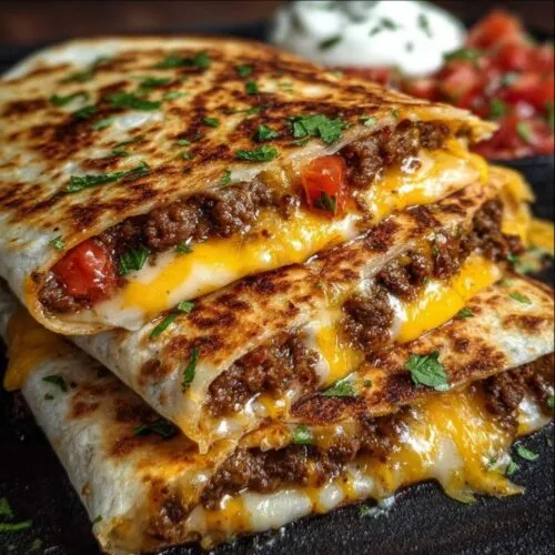 Close-up of a Smashburger Quesadilla showing its crispy tortilla, juicy ground beef, and melted cheese, garnished with parsley