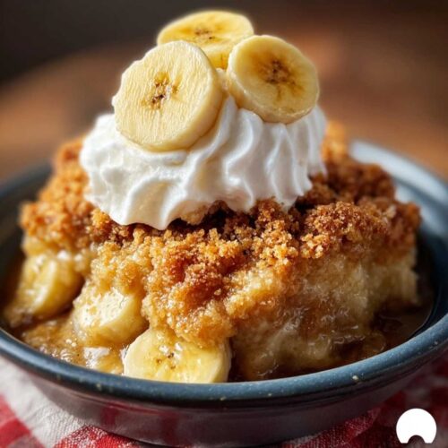 Close-up of Southern Banana Cobbler showing golden streusel and caramelized bananas, topped with whipped cream in a dark blue bowl.
