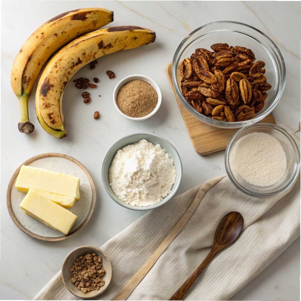 Ingredients for Southern Banana Cobbler including ripe bananas, pecans, and brown sugar arranged on a modern marble surface.
