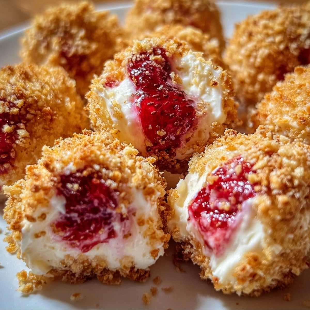 Close-up of Strawberry Cheesecake Crunch Bites showing the creamy filling, strawberry swirl, and golden crunch topping on a plate.