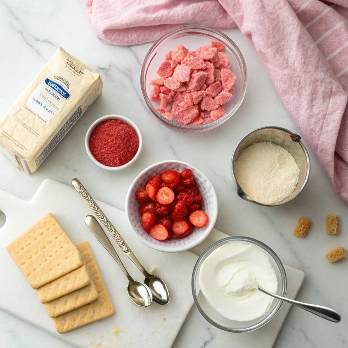 Ingredients for Strawberry Cheesecake Crunch Bites including Golden Oreos, cream cheese, and strawberry gelatin on a marble counter.