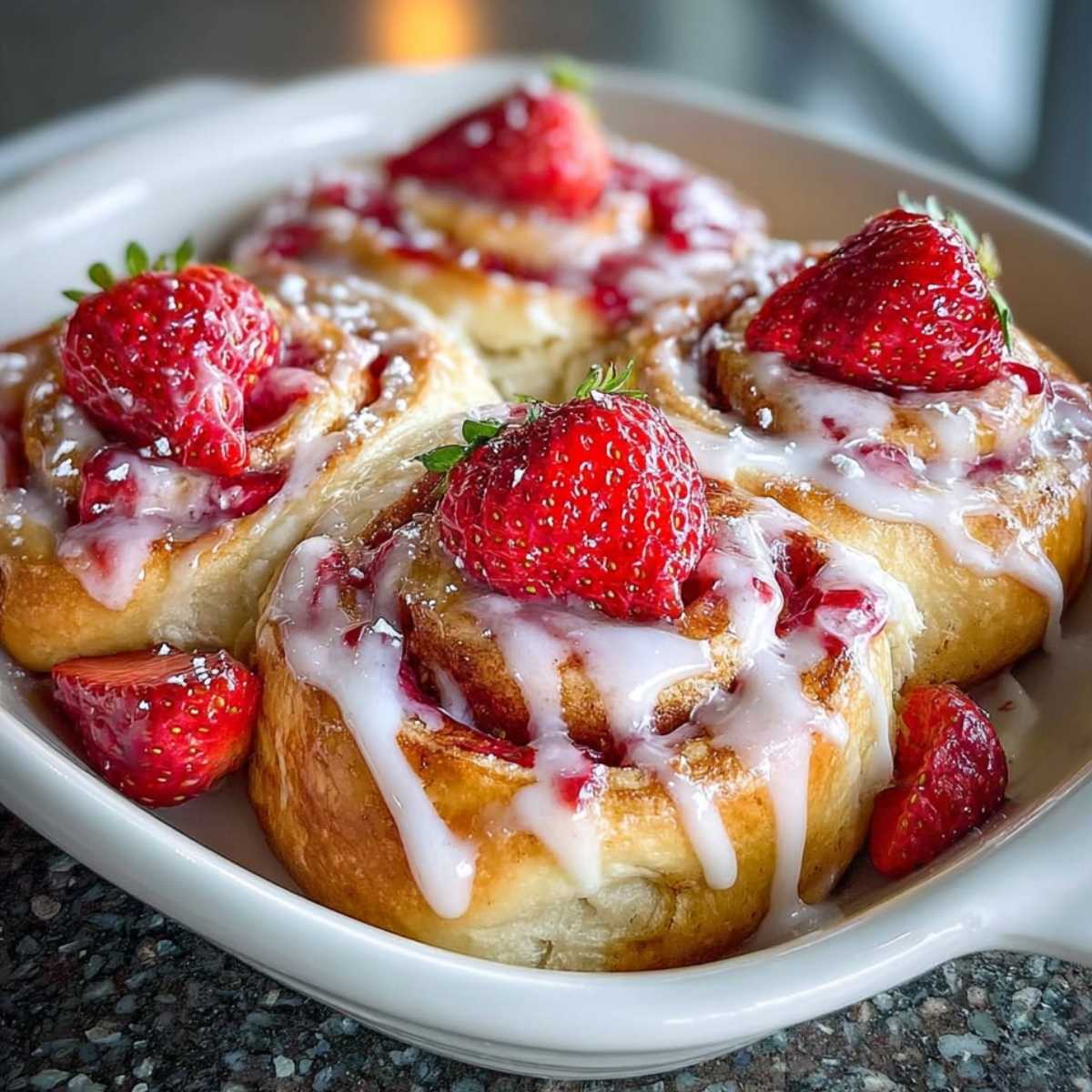 Close-up of Strawberry Cinnamon Rolls showing soft, golden-brown dough and pink strawberry swirls, garnished with fresh strawberries in a white baking dish.