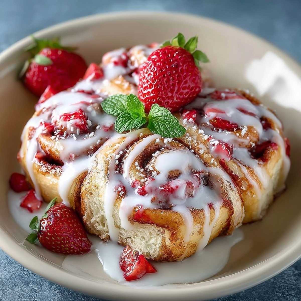 Strawberry Cinnamon Rolls on a beige plate, showcasing their sweet cream cheese glaze, fresh strawberry pieces, and pink swirls.