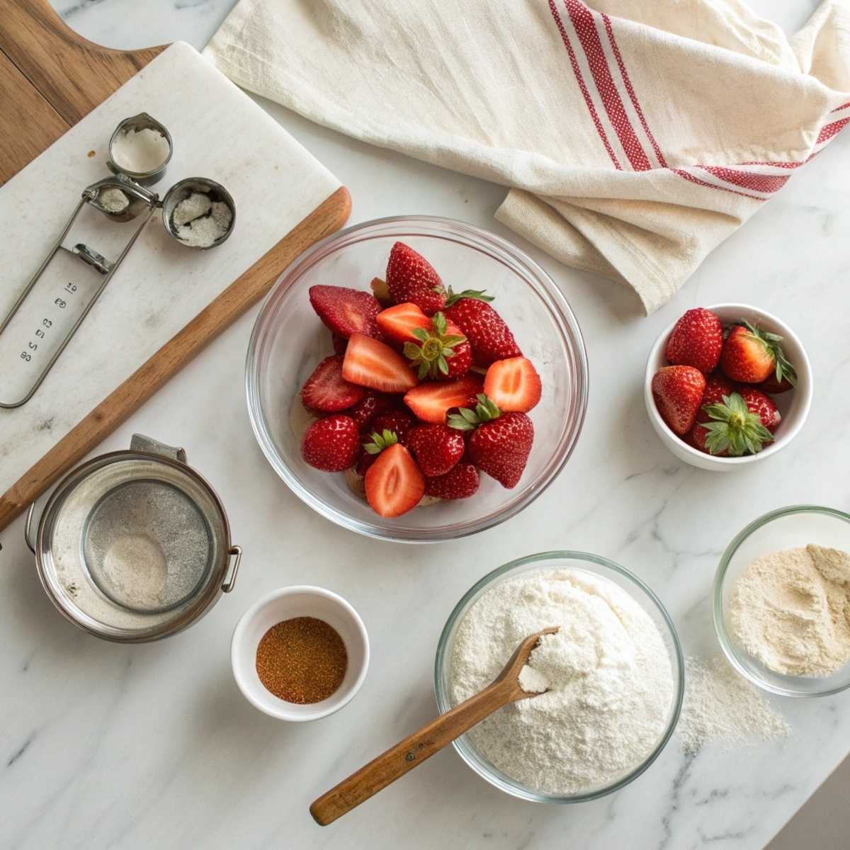 Fresh ingredients for Strawberry Cinnamon Rolls including fresh strawberries, flour, butter, and cream cheese arranged on a modern marble surface.