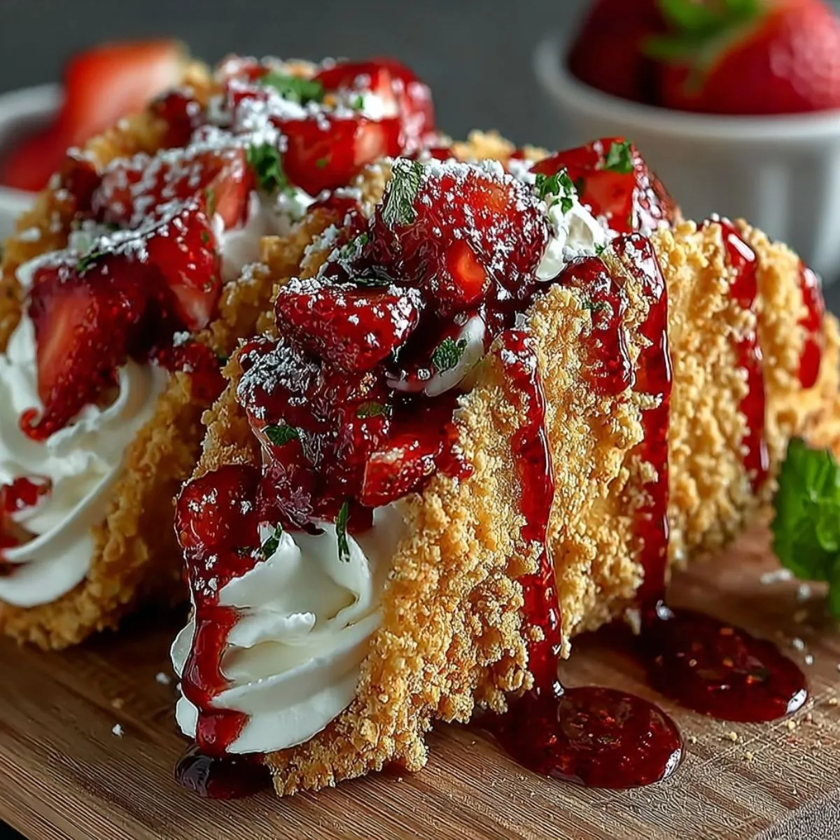 Two Strawberry Crunch Cheesecake Tacos on a wood board, showcasing their golden crunch coating and creamy filling with fresh strawberries.