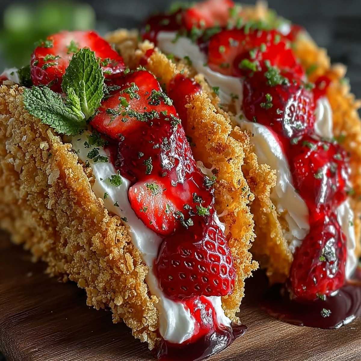 Close-up of Strawberry Crunch Cheesecake Tacos showing golden crunchy shells, creamy white filling, and vibrant red macerated strawberries, garnished with mint.