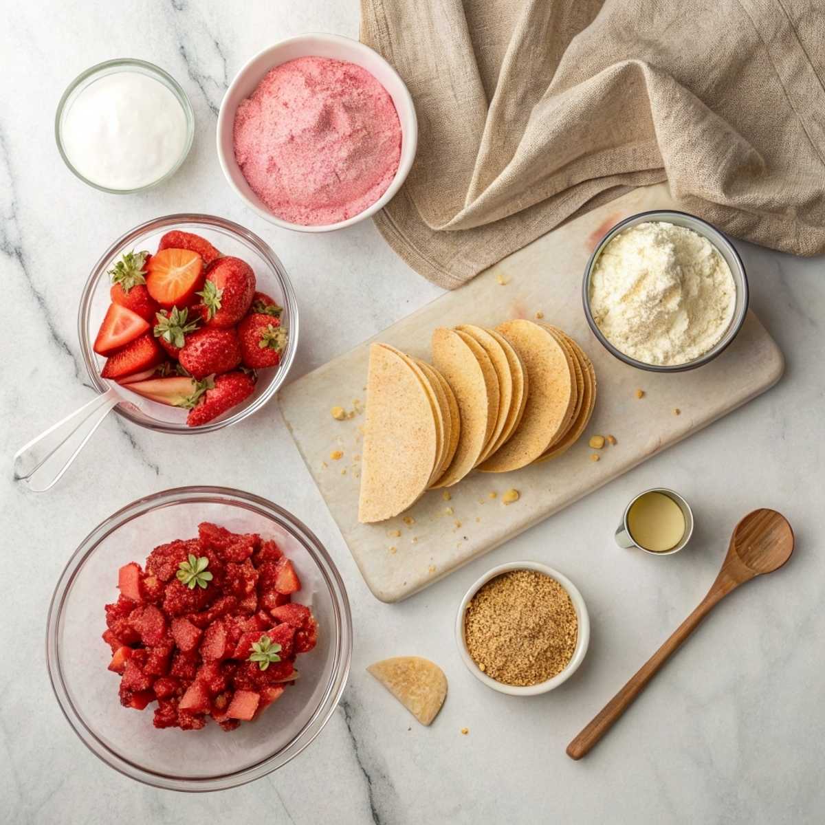 Ingredients for Strawberry Crunch Cheesecake Tacos including cream cheese, fresh strawberries, and cake mix arranged on a marble surface