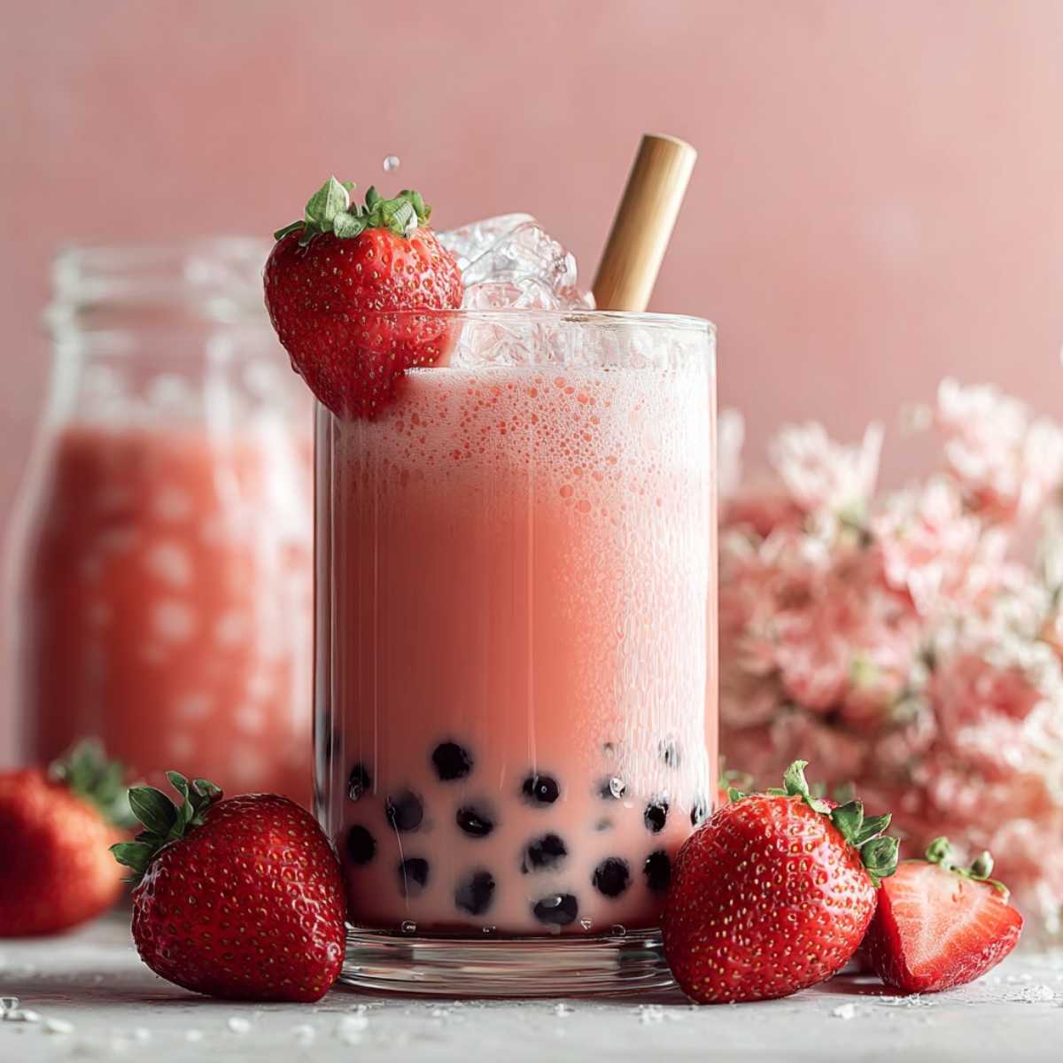 Strawberry Milk Tea in a tall glass with boba pearls and ice, garnished with fresh strawberries, on a modern white countertop with a pink background.