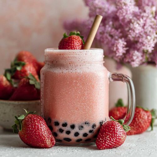 Close-up of Strawberry Milk Tea showing its creamy pink texture and black boba pearls, garnished with a fresh strawberry on a white countertop.