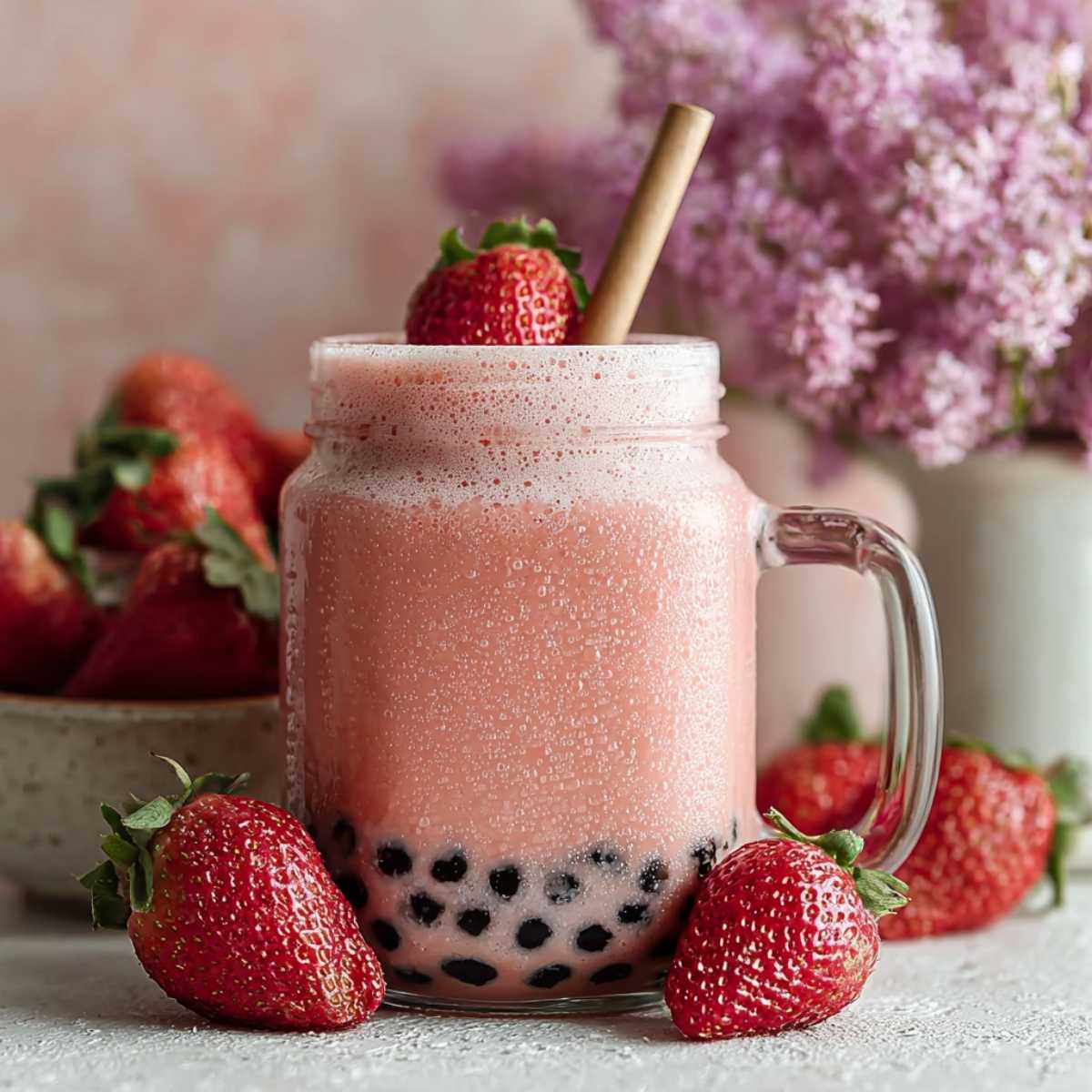 Close-up of Strawberry Milk Tea showing its creamy pink texture and black boba pearls, garnished with a fresh strawberry on a white countertop.