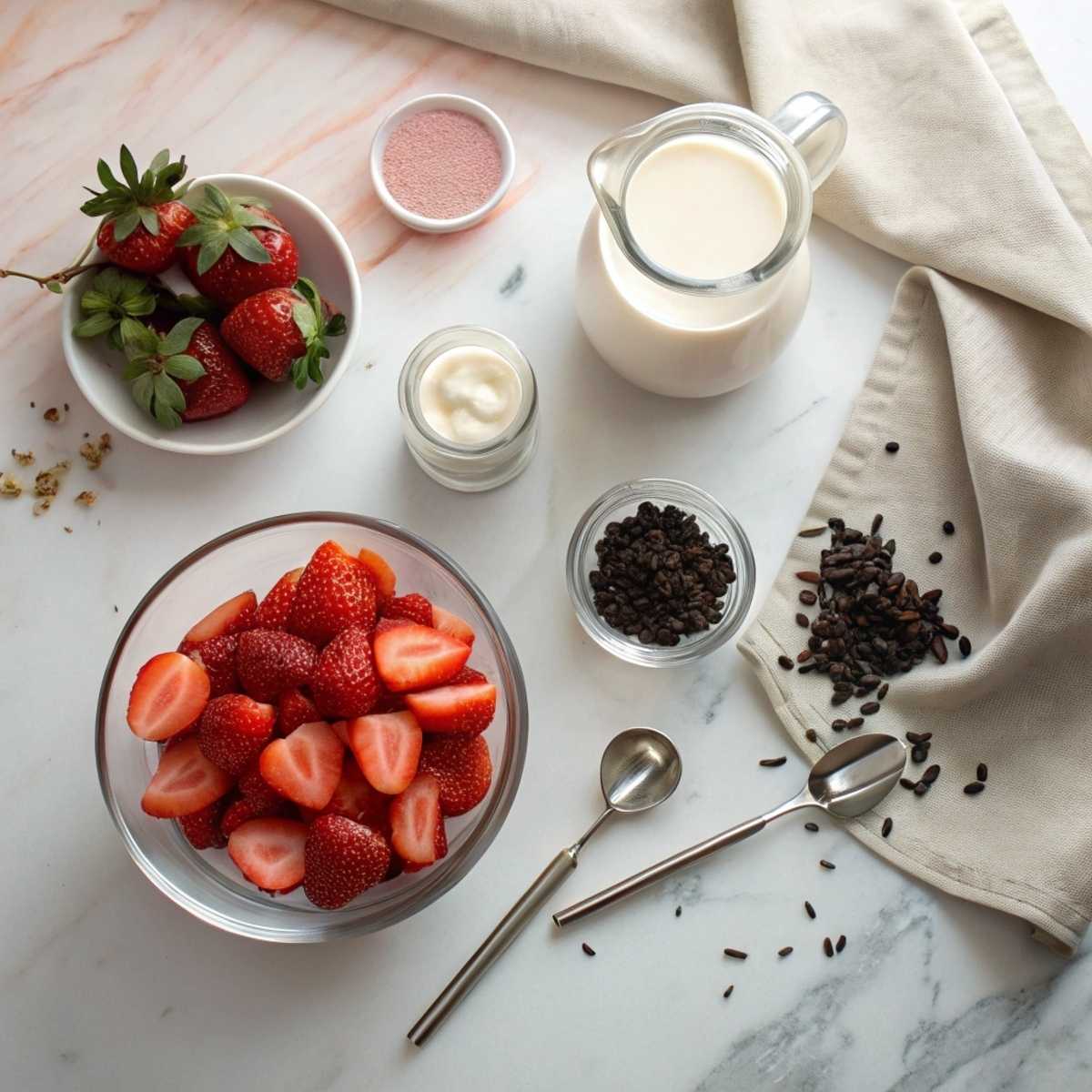 Fresh ingredients for Strawberry Milk Tea including fresh strawberries, black tea leaves, milk, and tapioca pearls arranged on a modern marble surface.