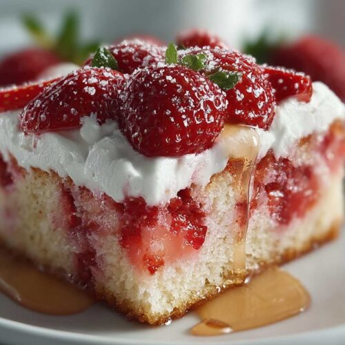 Close-up of a finished strawberry poke cake slice with whole fresh strawberries, powdered sugar, whipped topping, and a light syrup drizzle.