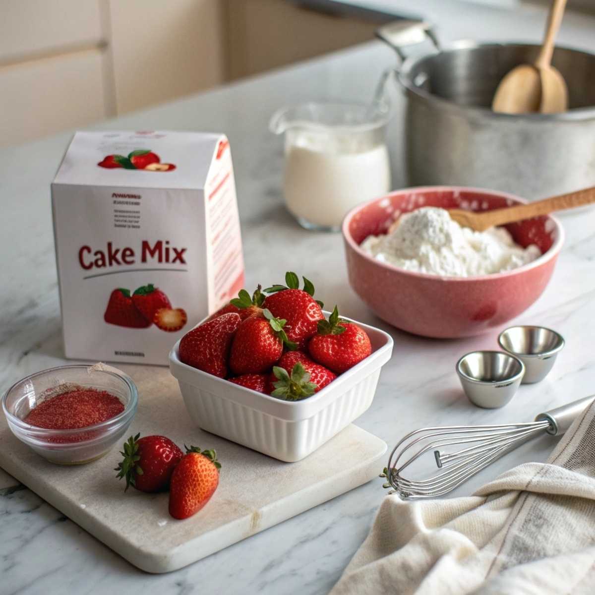 Ingredients for strawberry poke cake including white cake mix, strawberry gelatin, and fresh berries laid out on a marble surface.