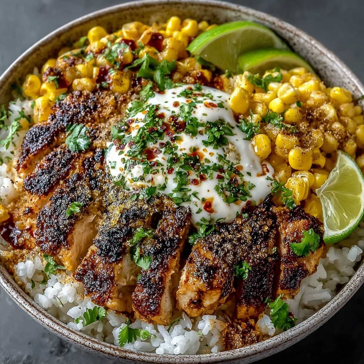 Street Corn Chicken Rice Bowl in a ceramic bowl, showcasing blackened sliced chicken, charred corn, and a creamy lime sauce.