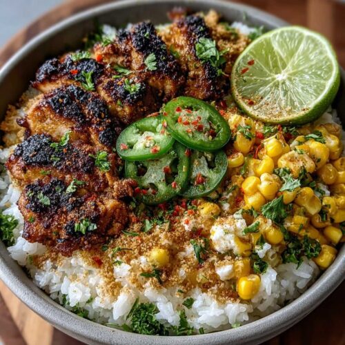 Close-up of a Street Corn Chicken Rice Bowl with blackened chicken, corn, fresh jalapeños, and a lime wedge on a wooden surface.