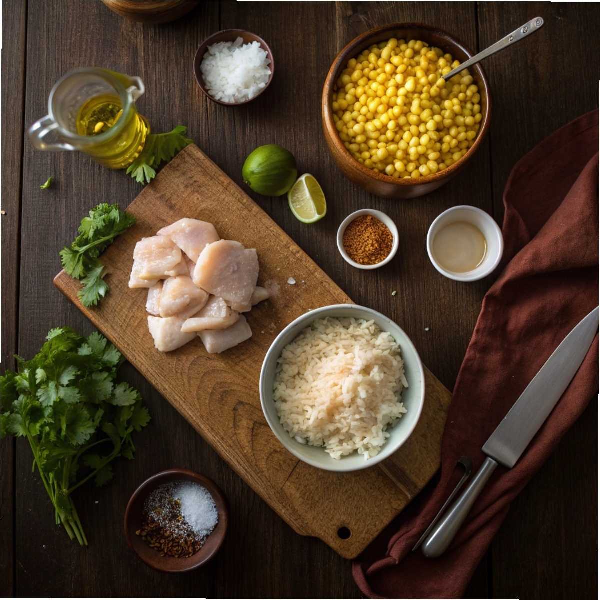 Ingredients for Street Corn Chicken Rice Bowl including chicken, corn, cilantro, and cotija cheese on a dark wood tabletop.