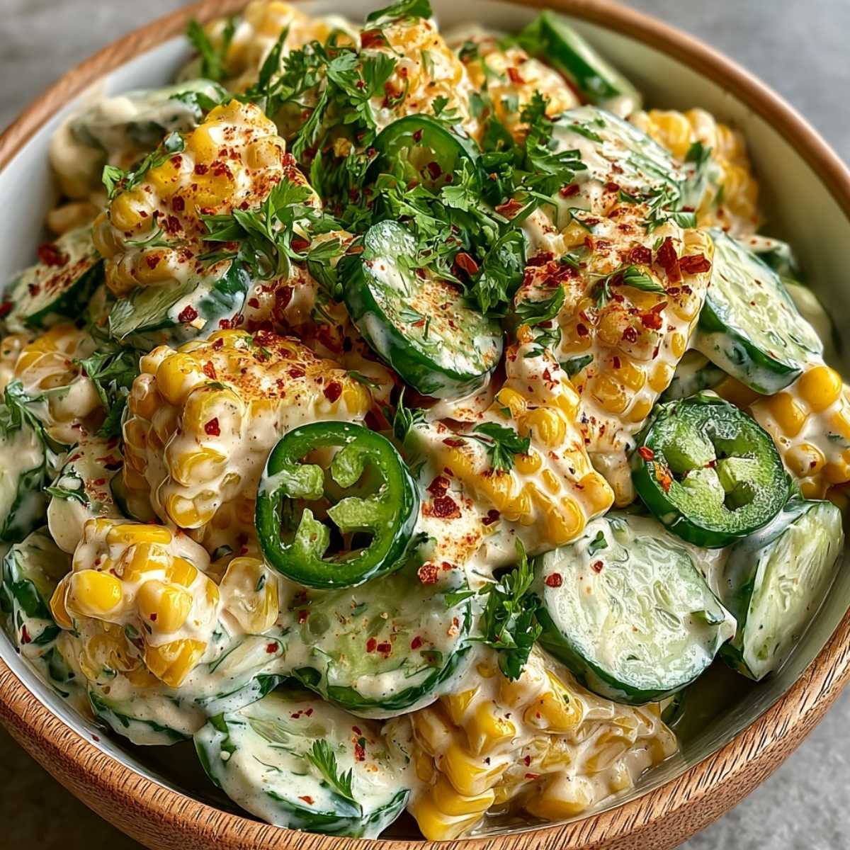 Street Corn Creamy Cucumber Salad in a wooden bowl, showcasing charred corn kernels, crisp cucumber slices, creamy dressing, and fresh jalapeños