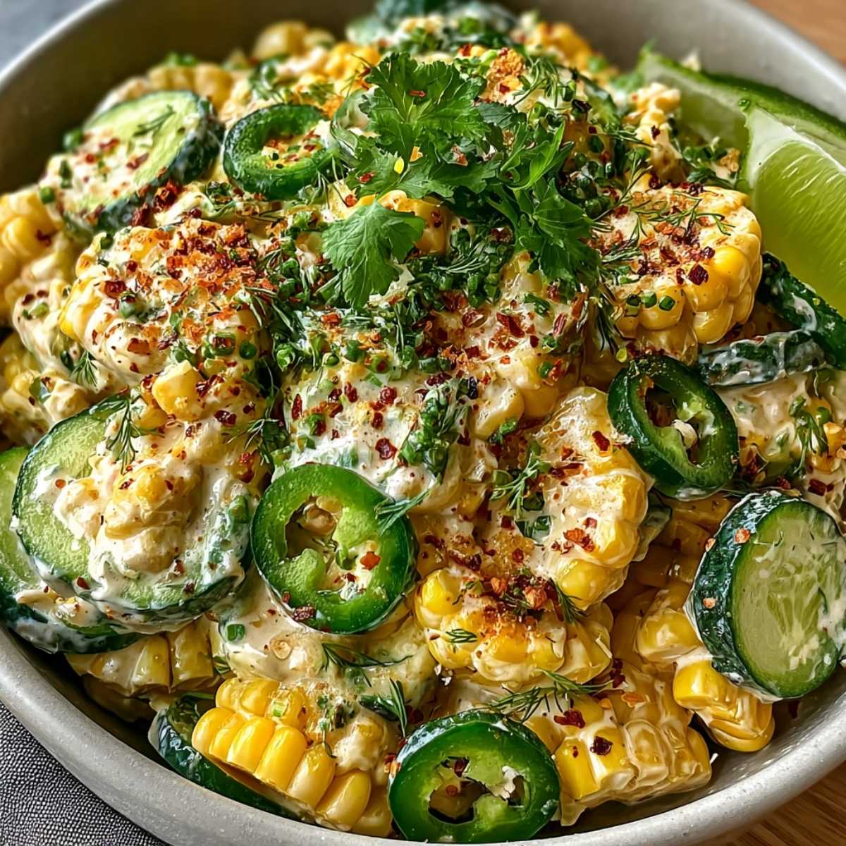 A close-up of Street Corn Creamy Cucumber Salad showing creamy dressing on corn and cucumbers, garnished with cilantro in a grey bowl