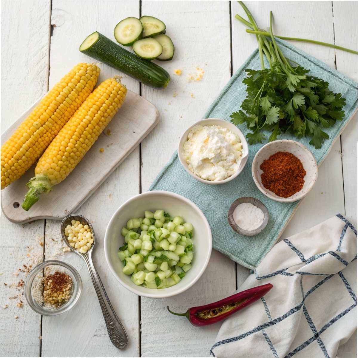 Fresh ingredients for Street Corn Creamy Cucumber Salad including corn, cucumbers, mayonnaise, lime, and cotija cheese arranged on a modern marble surface