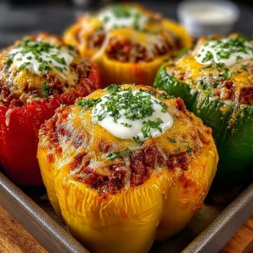 Close-up of Stuffed Bell Peppers showing beef filling and melted cheese, garnished with sour cream and parsley in a baking dish.
