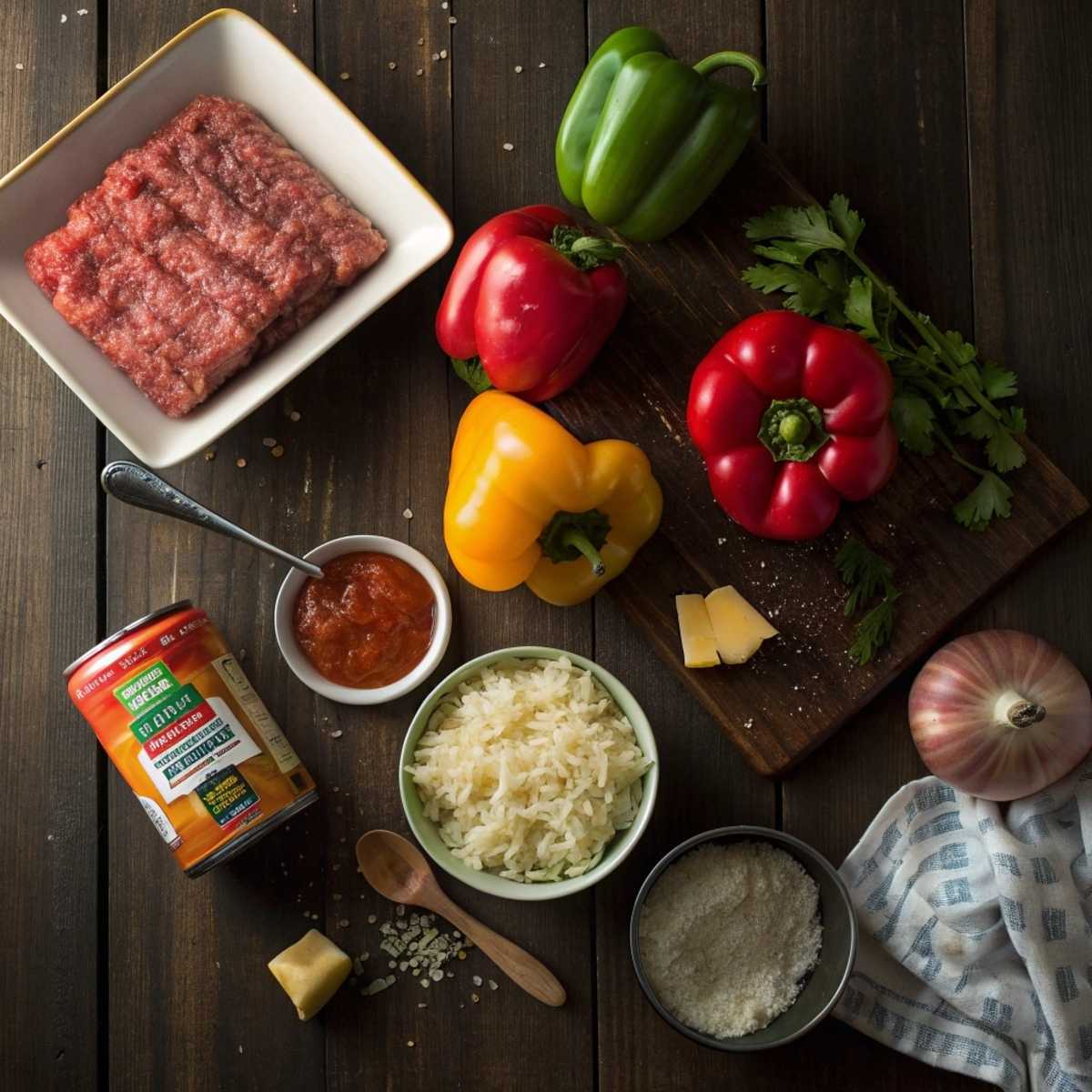 Ingredients for Stuffed Bell Peppers including bell peppers, ground beef, rice, and cheese on a dark wood tabletop.