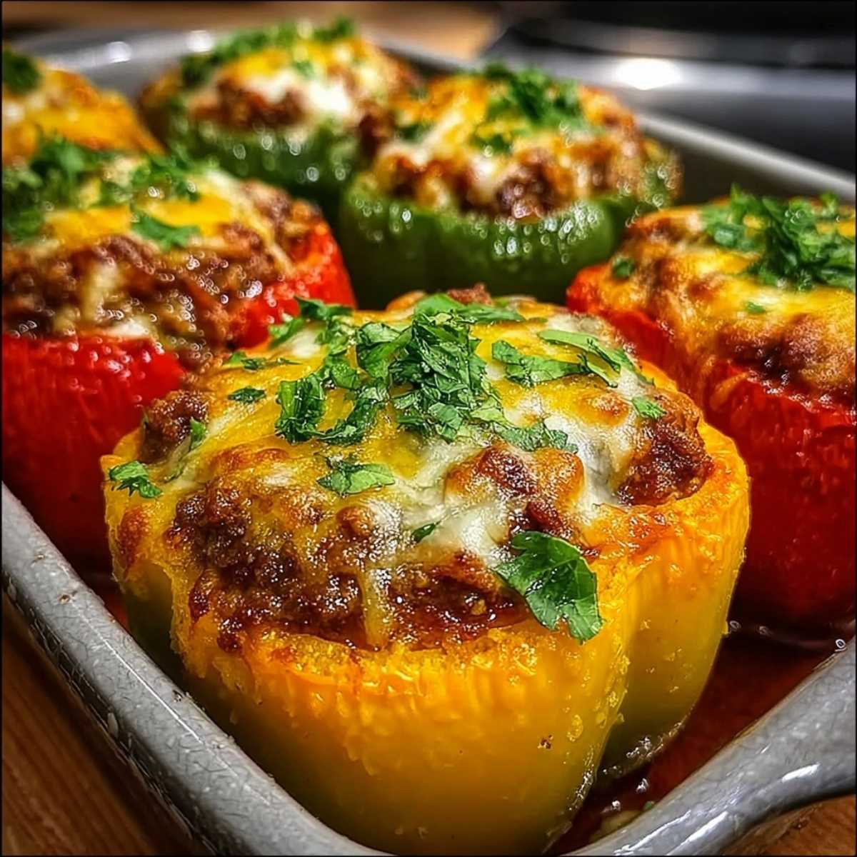 Stuffed Bell Peppers in a baking dish, showcasing the golden melted cheese over a savory ground beef and rice filling.