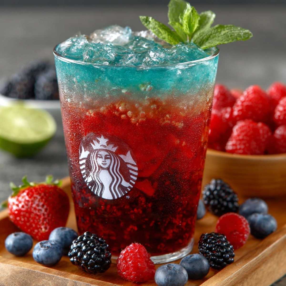 Close-up of a homemade Summer Berry Refresher showing its vibrant red and blue layers and bubbly texture, garnished with fresh mint in a glass.