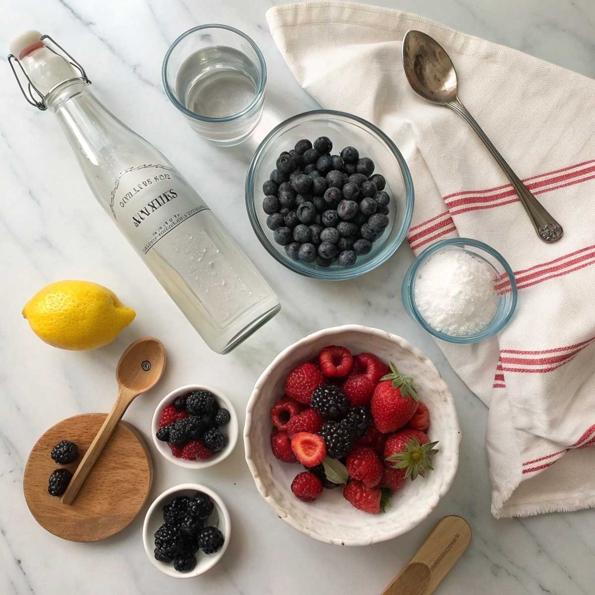 Fresh ingredients for a Summer Berry Refresher including mixed berries, lemon, and sugar arranged on a modern marble surface.