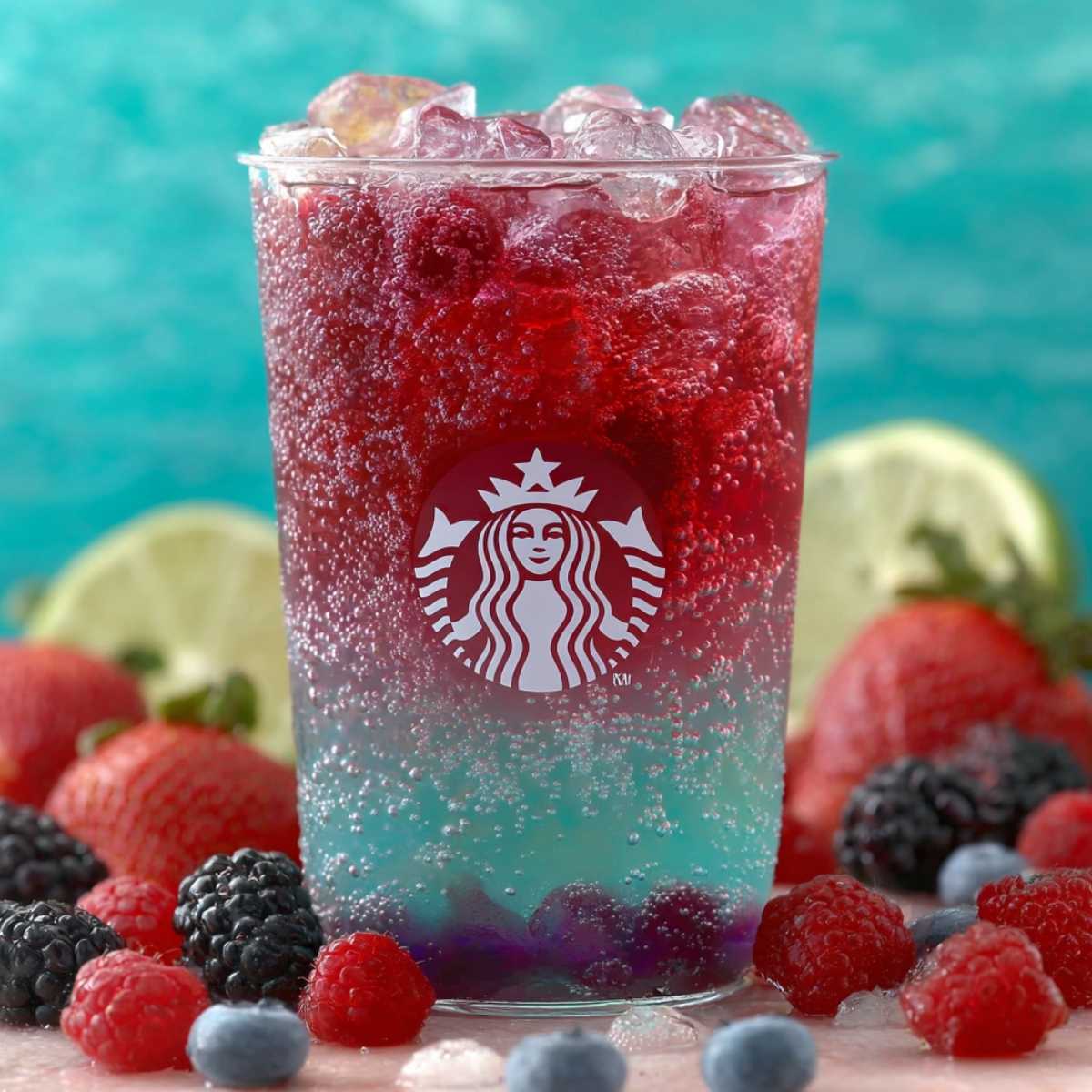 A vibrant Summer Berry Refresher in a Starbucks cup, filled with ice, colorful berries, and a gradient of red and blue liquid, surrounded by fresh fruit.