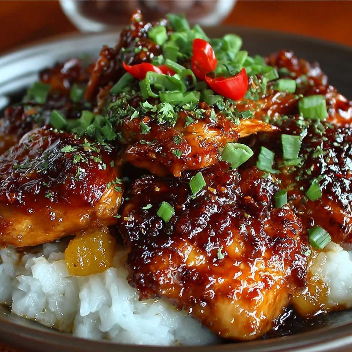 Close-up of Sweet Hawaiian Crockpot Chicken showing glossy, sticky brown sauce and tender chicken pieces, garnished with green onions and red chilies over white rice.