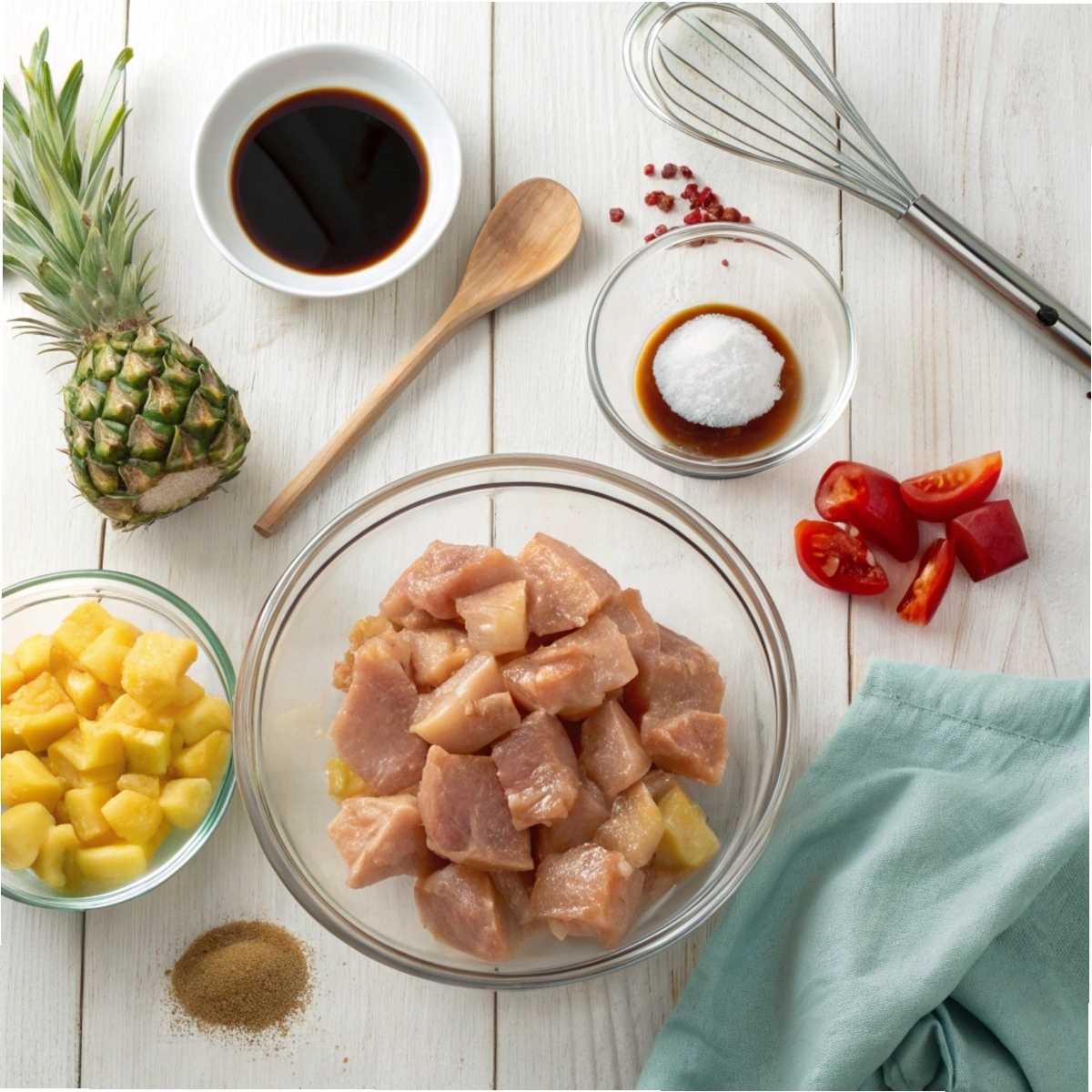 Ingredients for Sweet Hawaiian Crockpot Chicken including raw chicken, pineapple, brown sugar, and soy sauce on a white wood surface.