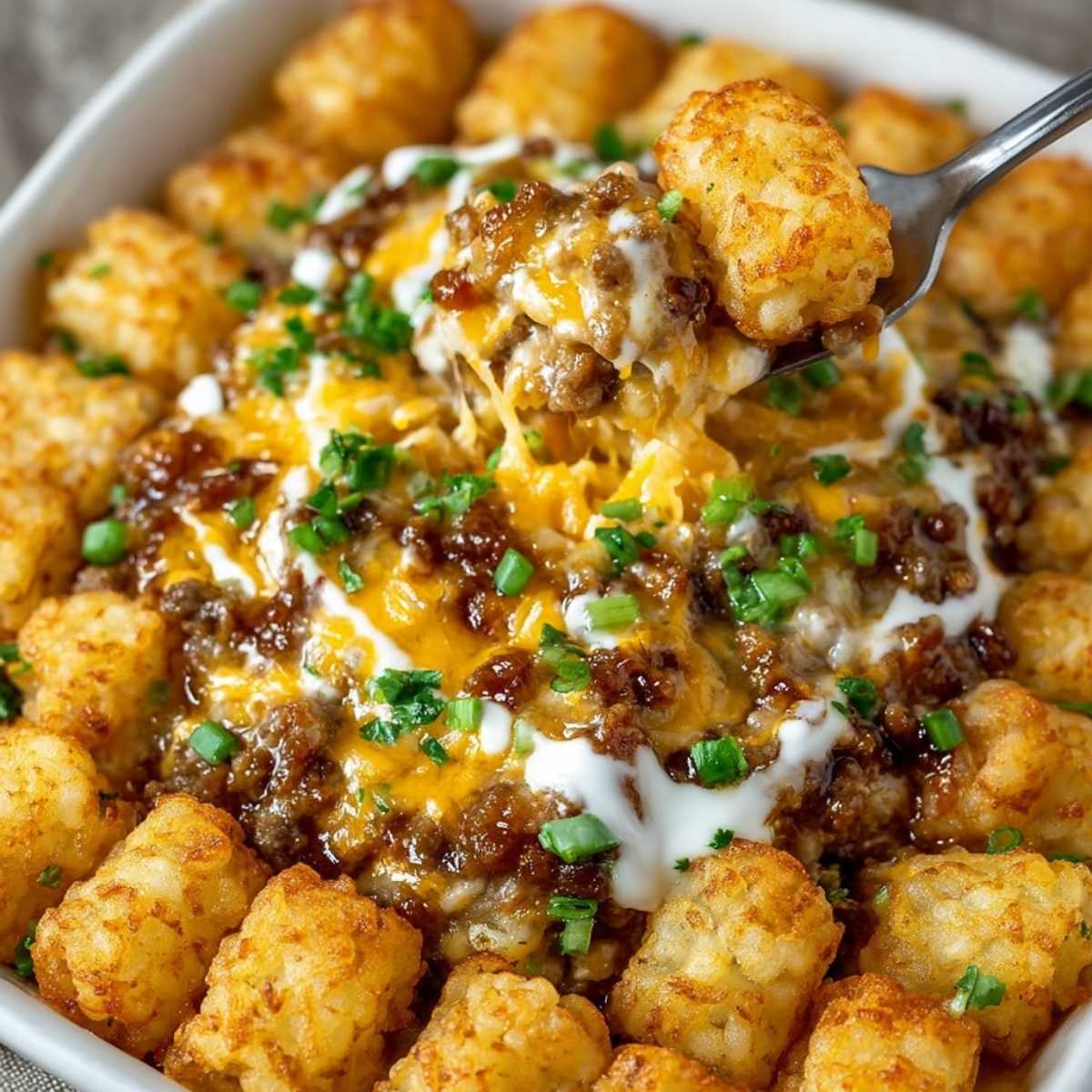 Tater Tot Casserole in a white dish, showcasing its cheesy ground beef filling, crispy tots, and a garnish of green onions.