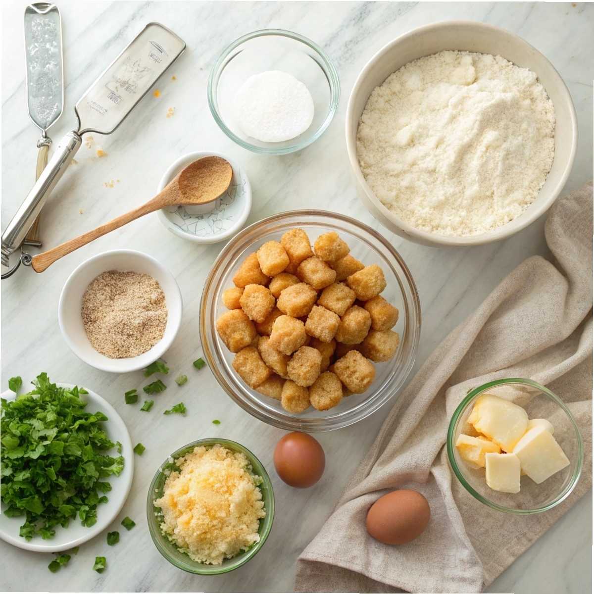 Ingredients for Tater Tot Casserole including ground beef, tater tots, cream of mushroom soup, and cheddar cheese arranged on a modern marble surface