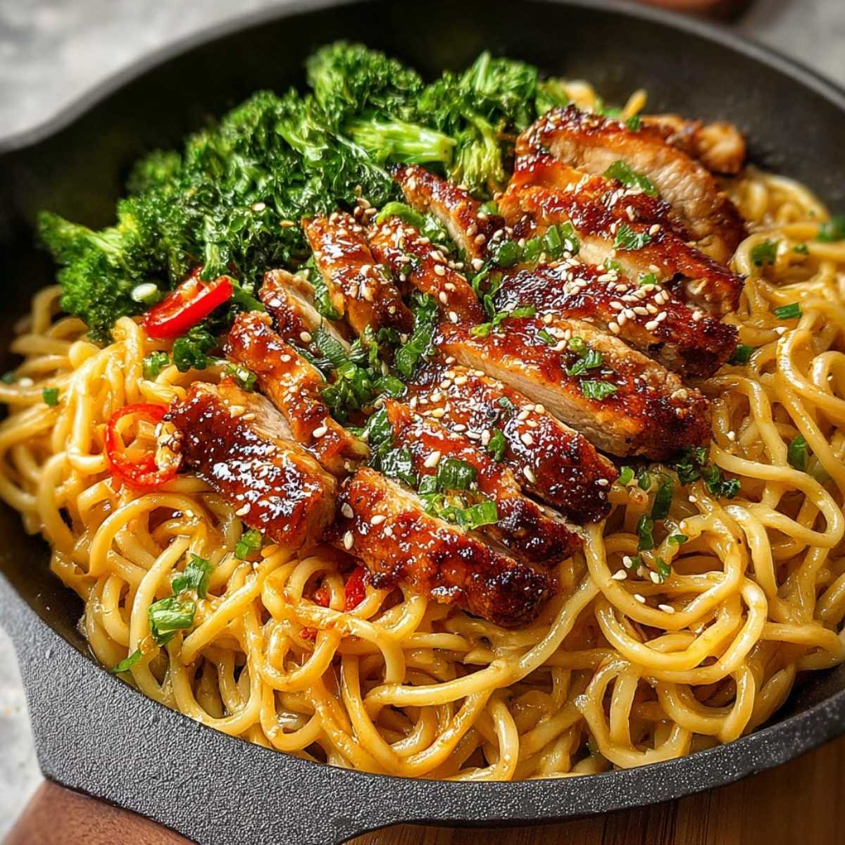 Close-up of Teriyaki Chicken Noodles showing glossy sauced noodles and seared chicken, garnished with sesame seeds and green onions in a cast-iron skillet